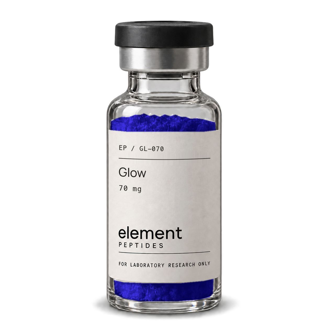 Element Peptides Glow 70 mg, transparent vial with vivid blue powder
